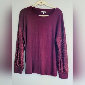 Women's Maurices Burgundy Sequin Sleeve Holiday Top Size Large